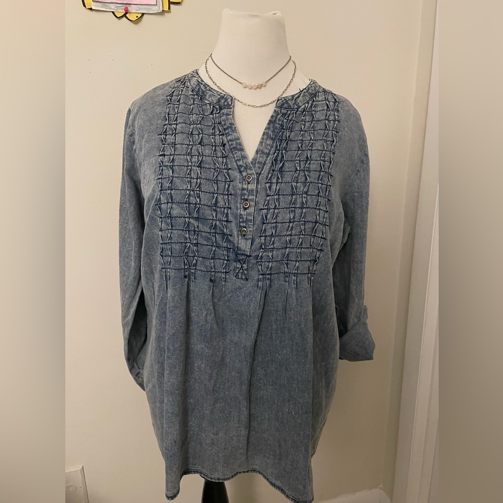 Tantrums Chambray Bib Denim top 100 Cotton Blue Acid Wash Size XL - Picture 4 of 13